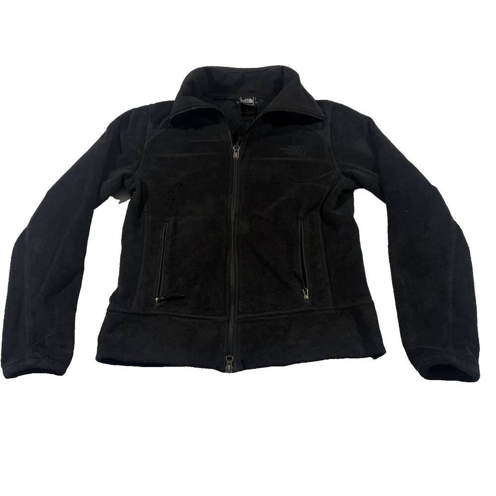 North Face TNF Womens Furry Fleece Black Coat Top Zip Pocket Poly Jacket Sz XS